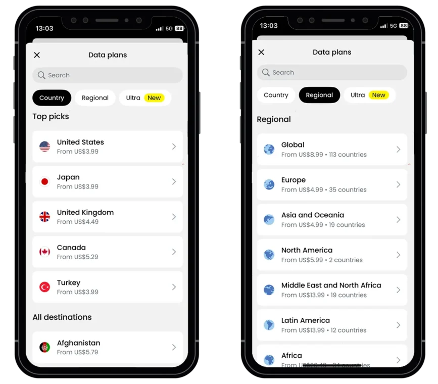 Saily eSIM Review: Tested on the Road 2 Two mobile phones side by side showing Sail eSIM data plans