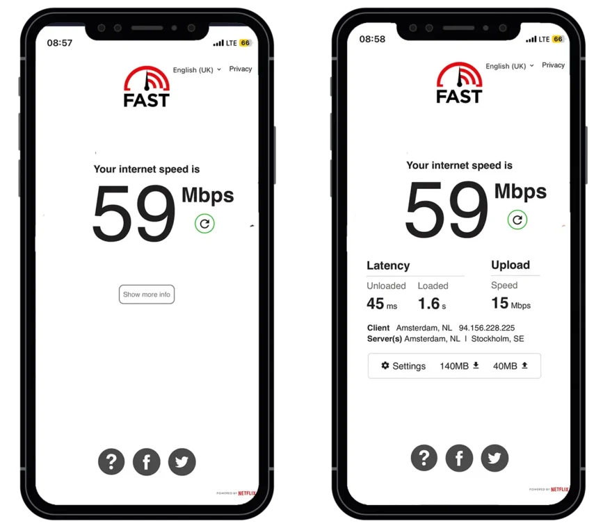 Saily eSIM Review: Tested on the Road 4 phone showing Saily eSIM being tested in LTE mode via fast.com