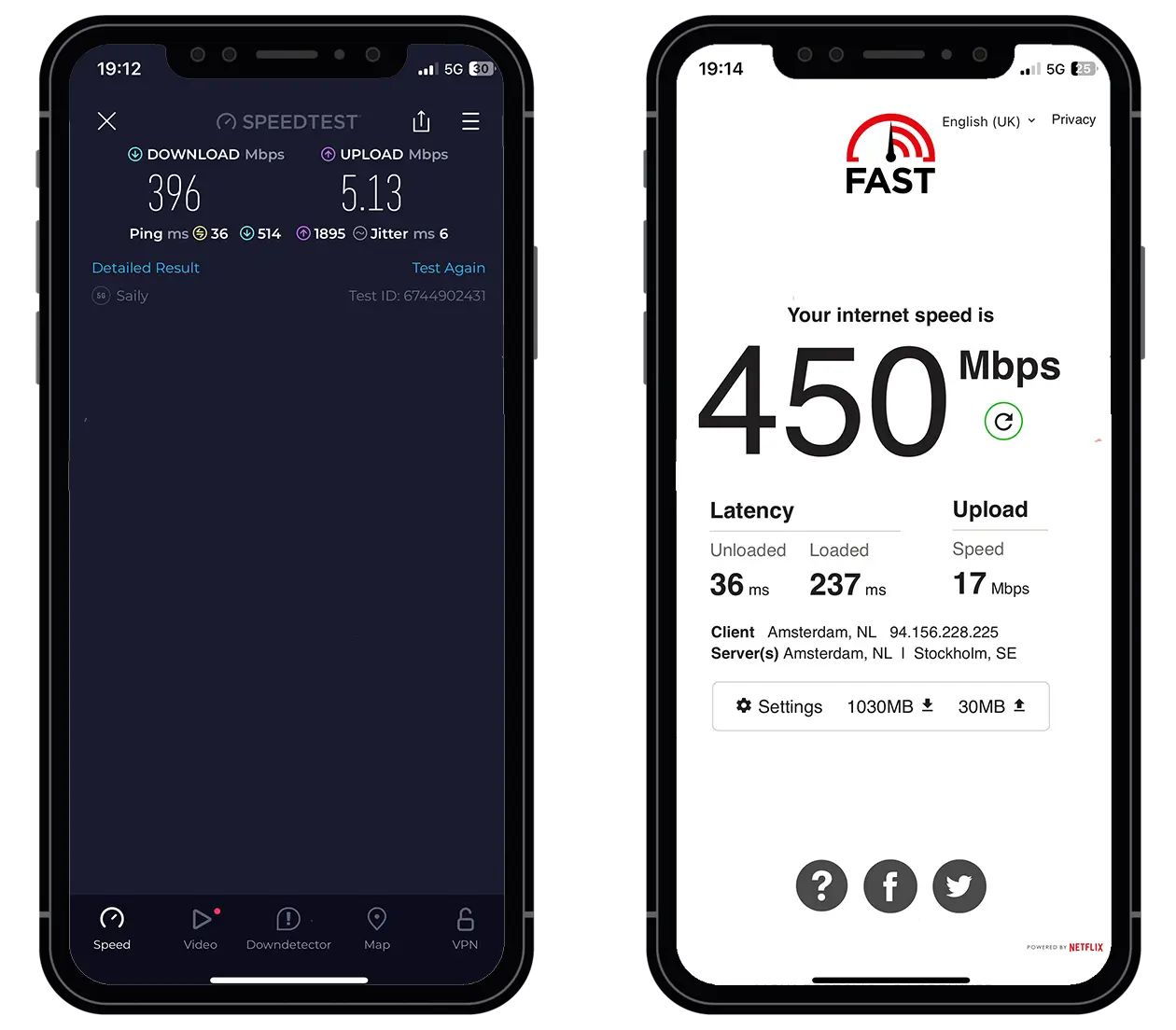 Two phones showing my first Saily speed tests. The first shows nearly 400Mbps, while the second shows 450mbps. 