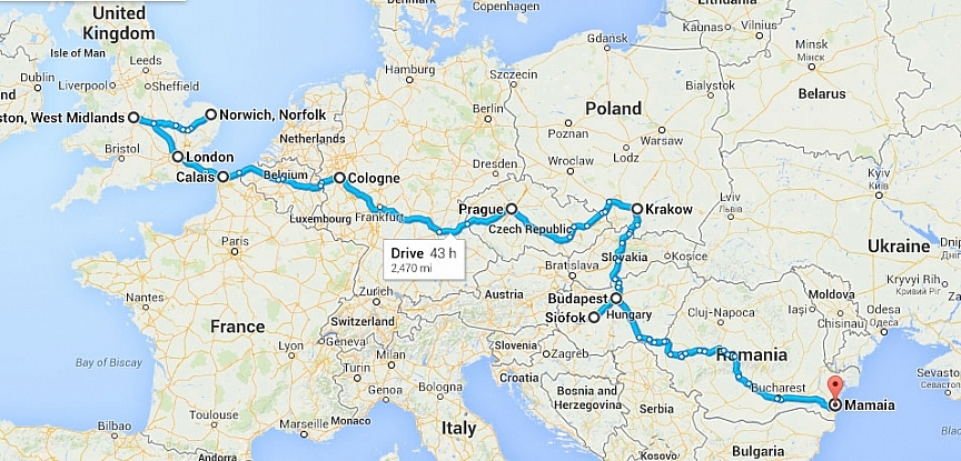 Route from Norwich to Mamaia on Google map