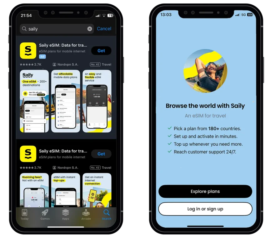 Saily eSIM Review: Tested on the Road 1 mobile phone screens showing Saily in the App Store, and showing the Saily welcome screen.